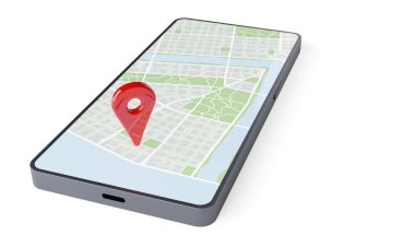 Beyaz arkaplan, seyahat, mobil navigasyon, gps konumu ya da GPS konsepti üzerinde soyut düz şehir haritası üzerinde kırmızı konum işaretleyici ya da pin içeren cep telefonu veya akıllı telefon, 3D illüstrasyon