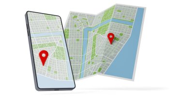 Cep telefonu ya da akıllı telefon, beyaz arkaplan, seyahat, mobil navigasyon, gps konumu ya da GPS konumu konsepti üzerinde yüzen katlanmış kağıt şehir haritası ile kırmızı konum işaretleyicisini gösterir, 3D illüstrasyon