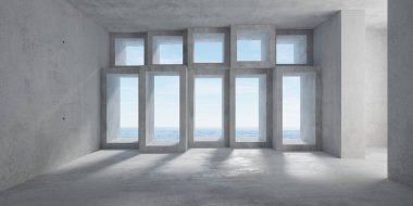 Soyut boş, modern beton oda rastgele kaydırılmış şebeke arka duvar açıkları, kapı aralığı ve kaba zemin ve okyanus manzarası - endüstriyel iç plan şablonu, 3D illüstrasyon