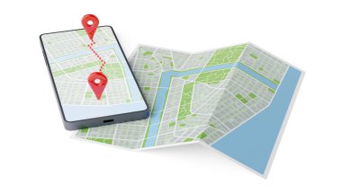 Beyaz arkaplan, seyahat, mobil navigasyon, güzergah bulma veya GPS konsepti üzerinde katlanmış şehir haritası olan iki kırmızı işaret veya iğne arasındaki güzergahlı cep telefonu veya akıllı telefon, 3D illüstrasyon