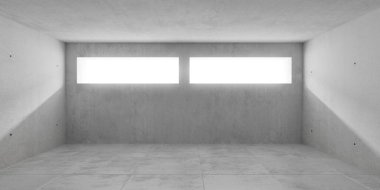 Soyut boş, modern beton oda arkada iki ince pencere ve kaba zemin - endüstriyel iç arka plan şablonu, üç boyutlu illüstrasyon