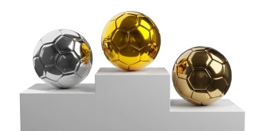 Podyumlarda altın, gümüş ve bronz futbol topları aşırı beyaz arka plan, şampiyonluk veya turnuva kazananların konsept sembolü, 3D illüstrasyon