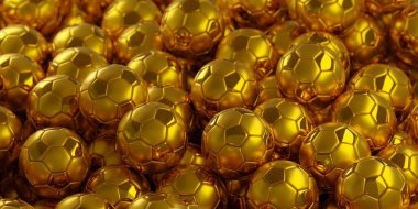 Seçici odaklı altın futbol topu yığını, kazanan ya da zafer konsepti, 3 boyutlu illüstrasyon