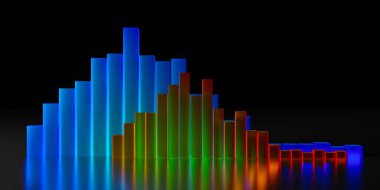 Yansıtıcı siyah arkaplan üzerindeki kırmızı ve mavi cam küplerden çubuk grafik, ticari hisse senedi büyüme şeması konsept şablonu, 3D illüstrasyon