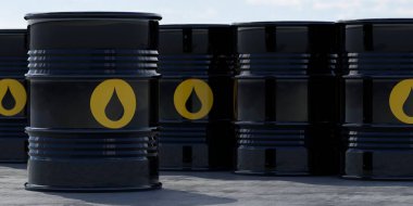 Mavi gökyüzü ile açık hava depolama sembolleri ile siyah metal yağ varilleri, üç boyutlu illüstrasyon