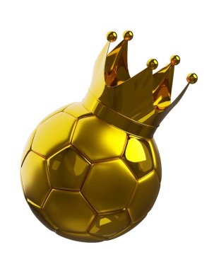 Beyaz arka planda altın tacı olan altın futbol topu, kazanan ya da şampiyon konsepti, 3 boyutlu illüstrasyon