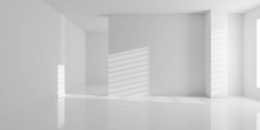 Boş boş beyaz oda arka planı, duvarında gölgeler olan pencere, modern iç şablon, 3 boyutlu illüstrasyon