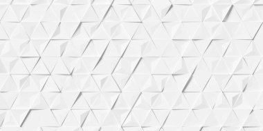 Rastgele hareket eden merkezli beyaz üçgen piramitler dizisi arkaplan duvar kağıdı afişi, 3 boyutlu illüstrasyon