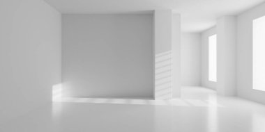 Empty blank white double room interior background with window shadow and pillar, modern interior template, 3D illustration