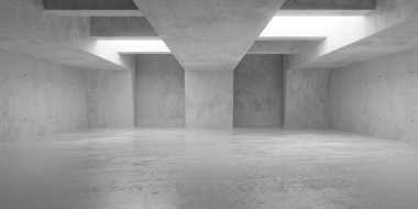 Soyut, boş, modern beton oda tenha tavan ışıkları, kirişler ve açılı sütunlar ve yansıtıcı zemin - endüstriyel iç mekan şablonu, 3 boyutlu illüstrasyon