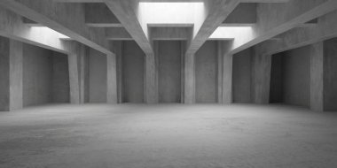 Soyut boş, modern beton oda tavan lambaları, ince kirişler ve sütunlar ve kaba zemin - endüstriyel iç mekan şablonu, 3 boyutlu illüstrasyon