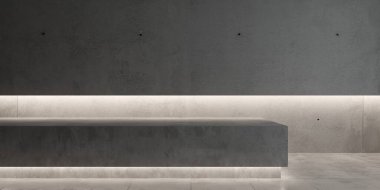 Soyut boş, aydınlık teneffüslü modern beton oda, beton tezgah ve parlak zemin - endüstriyel iç mekan şablonu, 3 boyutlu illüstrasyon