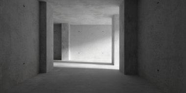 Soyut boş, iki odalı modern beton koridor, dolaylı güneş ışığı ve kaba zemin - endüstriyel iç mekan şablonu, üç boyutlu illüstrasyon