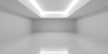 Boş beyaz oda arka planı, arka ışıklandırmalı tavan teneffüsü ve yansıtıcı zemin, modern iç şablon, 3 boyutlu illüstrasyon