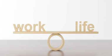 Tahta tahtadan tahterevalli ya da ölçek ile beyaz arka plan üzerinde iş ve yaşam dengesi, iş-yaşam-denge konsepti, seçici odak, üç boyutlu illüstrasyon