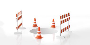 Turuncu ve beyaz trafik uyarı konileri ve beyaz arka plan, güvenlik, risk veya güvenlik tehlikesi iş konsepti, 3D illüstrasyon