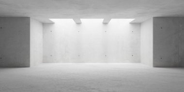 Üç dikdörtgen açıklığı ve kaba zemini olan soyut, boş, modern beton oda - endüstriyel iç plan şablonu, 3 boyutlu illüstrasyon