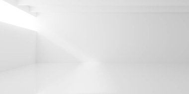 Boş boş beyaz oda arkaplanı, ince duvar aralıkları, parlak kirişler, modern iç mekan şablonu, 3 boyutlu illüstrasyon