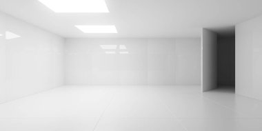 Boş beyaz oda arka planı kiremitli parlak duvarlar, kare tavan ışıkları ve açık kapı, modern iç mekan şablonu, 3 boyutlu illüstrasyon