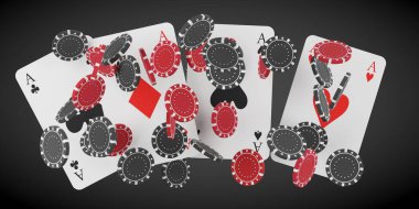 Siyah arka planda yüzen siyah ve kırmızı kumarhane fişli dört as veya üç boyutlu illüstrasyon