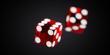 Siyah zemin üzerinde beyaz noktalar yüzen iki kırmızı kumarhane zarı seçici odaklı, kumar ya da şans konsepti, 3 boyutlu illüstrasyon