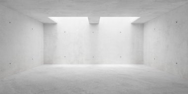 Soyut boş, modern beton oda iki simetrik kare açıklık ve kaba zemin - endüstriyel iç arka plan şablonu, üç boyutlu illüstrasyon