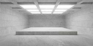 Soyut boş, tavan ızgaralı modern beton oda, giriş ışıkları, podyum ve kaba zemin - endüstriyel iç mekan şablonu, 3D illüstrasyon