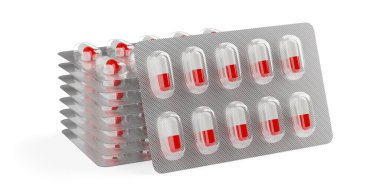 Beyaz arka plan, ilaç, eczane veya uyuşturucu konsepti üzerine istiflenmiş ve yaslanmış hap paketindeki kırmızı ve beyaz hap kapsülleri, 3 boyutlu illüstrasyon