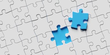 Beyaz yapboz parçalarının arka planındaki kayıp parça için deliğin yanındaki mavi yapboz parçası, düz üst görünüm, 3 boyutlu illüstrasyon