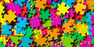 Çok renkli yapboz parçalarını kapat arkaplan yığını yukarıdan düz görünüm, mantık veya problem çözme konsepti, 3D illüstrasyon