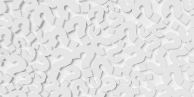 Beyaz soru işaretleri, fikir, çözüm veya iletişim iş konsepti arka planıyla kaplı zemin, yukarıdan düz bir görünüm, 3D illüstrasyon