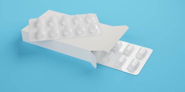 Beyaz kutu içinde ve üstünde iki beyaz, opak hap kabarcıkları mavi arka planda, ilaç, eczane veya ilaç konsepti, üç boyutlu illüstrasyon