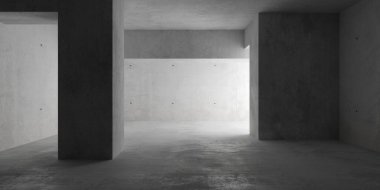 Soyut boş, modern beton oda kirişler ve sütunlarla bölünmüş, dolaylı ışık ve kaba zemin - endüstriyel iç mekan şablonu, 3D illüstrasyon