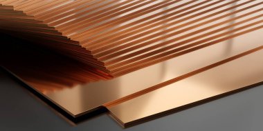 Koyu arkaplanda kalın bakır levhalar yığını, sanayi veya inşaat malzemeleri konsepti, 3D illüstrasyon