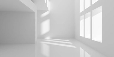 Geniş pencereli ve ayrı odalı boş beyaz oda iç planı, modern iç şablon, 3D illüstrasyon