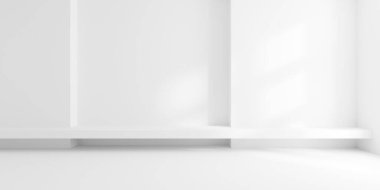 Boş beyaz oda arka planı, arka duvarda sıralar, modern iç şablon, üç boyutlu illüstrasyon