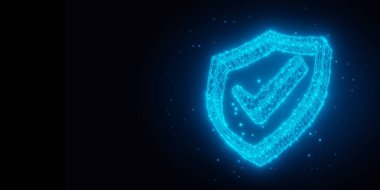 Koyu siyah arka plan, iş güvenliği, koruma veya dijital güvenlik şablonu, 3D illüstrasyon işaretli mavi kablo kalkanı ana hatları