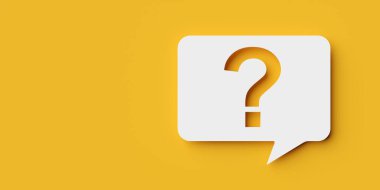 Soru işareti, beyaz dikdörtgen konuşma balonundan veya sarı zemin üzerinde fotokopi alanı, faq, destek veya iletişim konsepti, 3D illüstrasyon