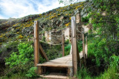 a wooden pedestrian bridge and rope handrails