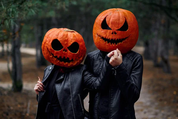 Halloween Boy Girl Pumpkins Heads — Stock Photo, Image