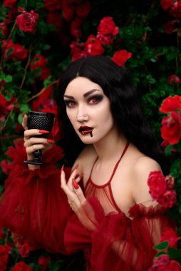 Kırmızı güllerin arka planında vampir kız