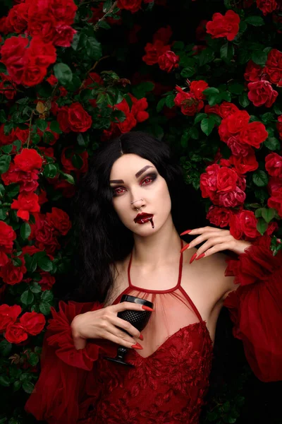 Menina Vampira Fundo Rosas Vermelhas — Fotografia de Stock