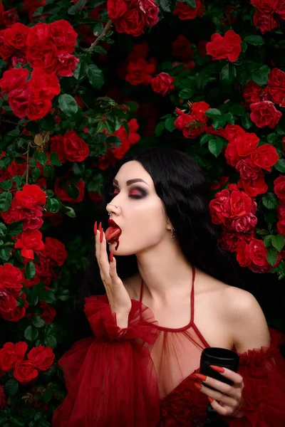 Menina Vampira Fundo Rosas Vermelhas — Fotografia de Stock
