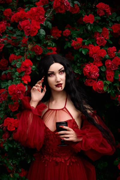 吸血鬼少女の背景にある赤いバラ — ストック写真
