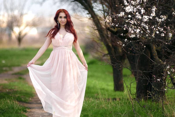 Dziewczyna Sukience Kwitnących Ogrodach — Zdjęcie stockowe
