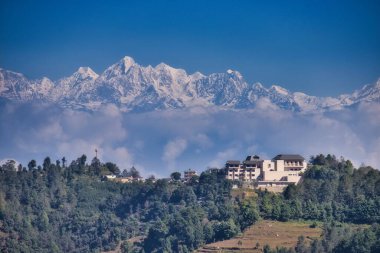 Himalaya dağlarında kar tepeleri, Annapurna bölgesi, Milarepa mağarası yakınlarında Nepal.