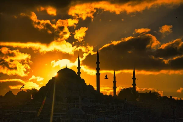 伊斯坦布尔日落时清真寺的轮廓 — 图库照片