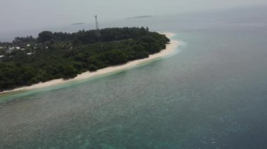 Tropikal bir cennete git. Palmiye ağaçları, berrak mavi deniz ve insansız beyaz kum olan cennet kumsalı. Video 4K