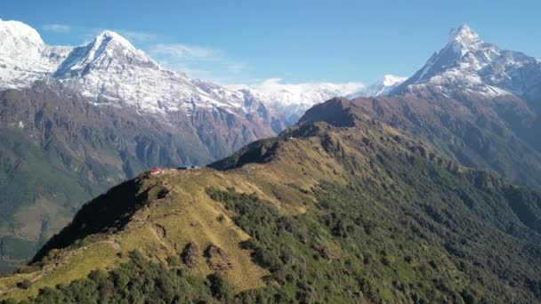 Snowcapped Peak Annapurna Machapuchare Himalaya Mountains Annapurna Region Nepal Drone — Stock Video