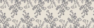 Vector horizontal seamless border with hand drawn Rose Flower. Eps 10. Line-art botanical illustration. Floral backdrop